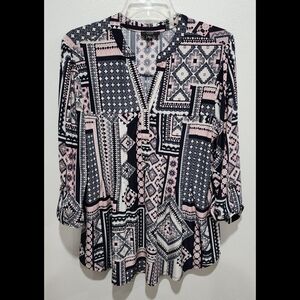 Cocomo Blouse Size 1X Roll Tab Sleeves Stretch Pink Blue Western Beaded Pleated